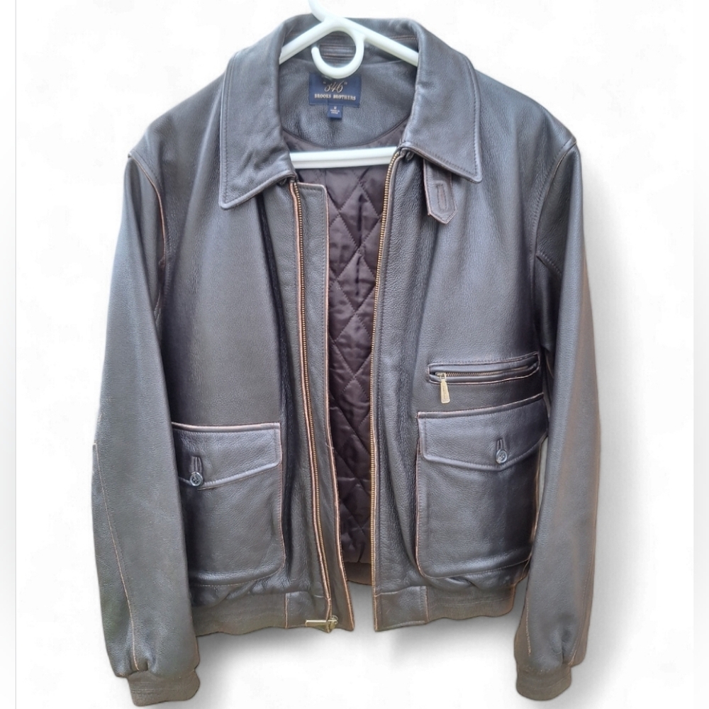 Brooks Brothers Men's Brown Leather Bomber Jacket Size MEDIUM Aviation Jacket